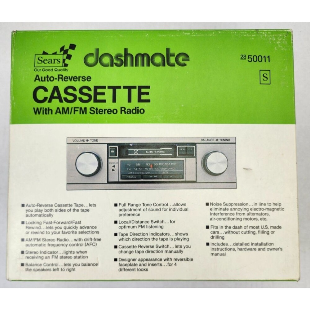 Vintage Sears Dashmate Auto Reverse Cassette AM/FM Stereo Radio 28-50011